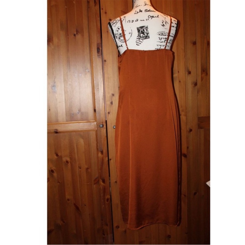Abercrombie & Fitch Copper Brown Havana Gold Satin Slip MIDI Dress Slit Scoop L
